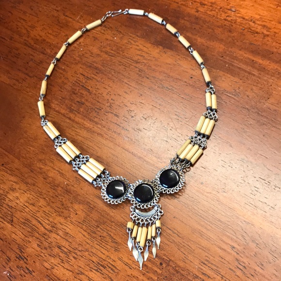 Vintage Jewelry - Vintage Peruvian Handmade Bamboo + Faux Jade Necklace